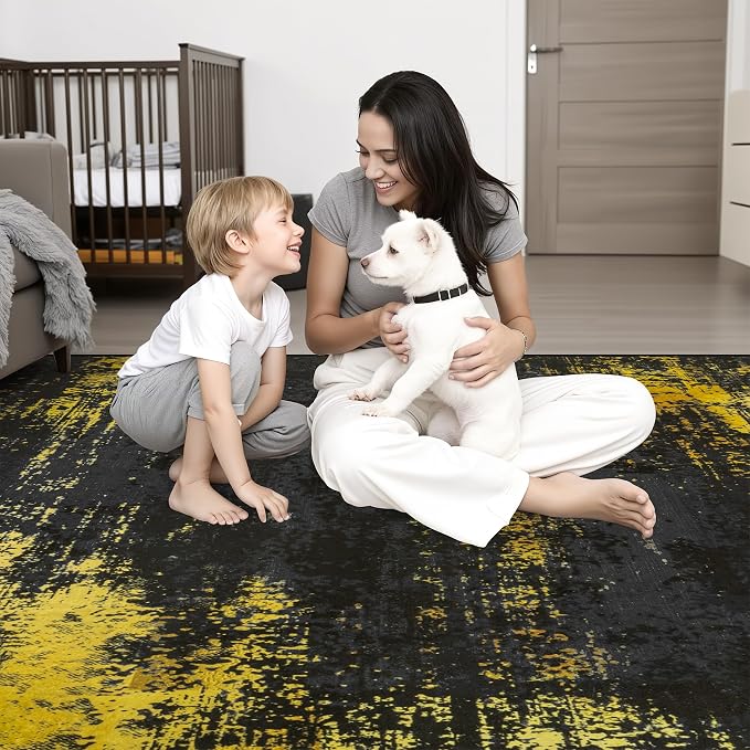 2.6x14 Washable Runner Rug:Modern Abstract Soft Carpet Black Gold | - Image 2