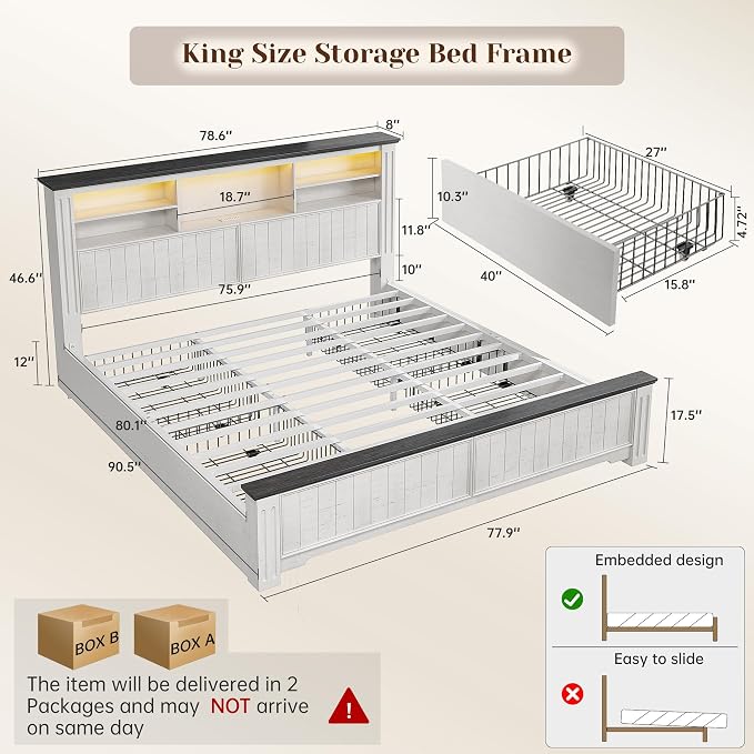 EnHomee King Size Bed Frame and Headboard & Storage, 4 Drawers and LED Built in - Image 2