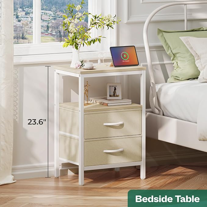 Huuger Nightstand with Charging Station, Side Table with Fabric Drawers - Image 3
