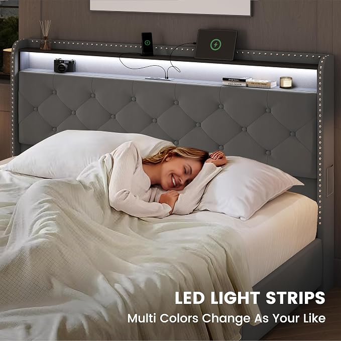 LARMACE King Bed Frame with 4 Storage Drawers and USB Charging Station Velvet - Image 6
