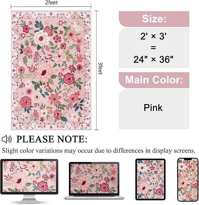 DUKINO 2x3 Entryway Rug, Floral Door Mat Soft Washable Rug Non Slip, - Image 2