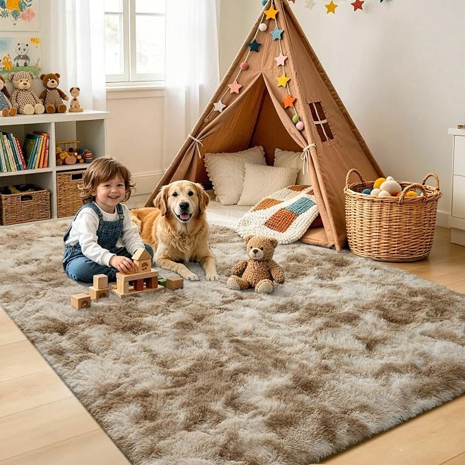 4x6 Tie-Dyed Beige Fluffy Soft Area Rug Non-Slip - Image 4