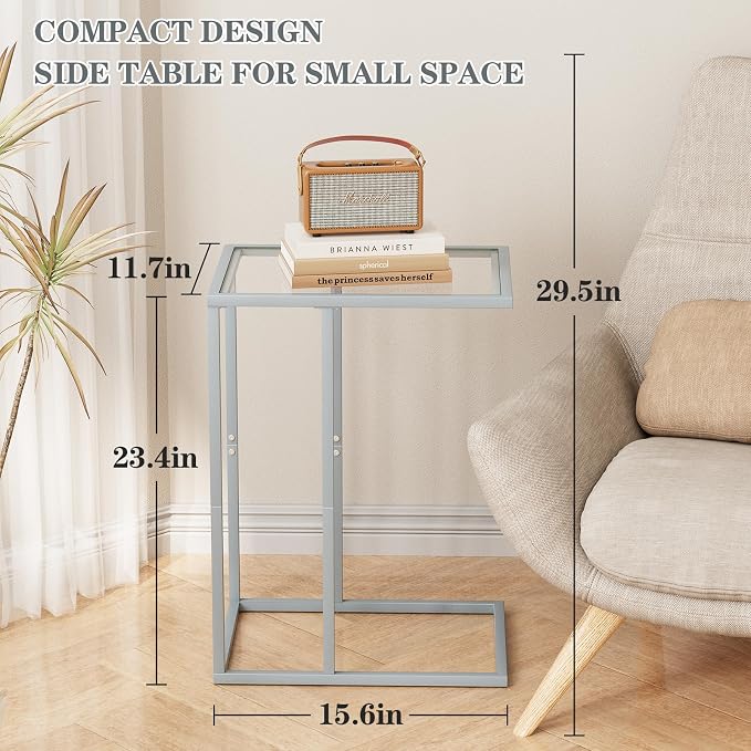 End Table, C Shaped Side Table for Sofa, Glass Couch Tray Snack Dinner Table - Image 3