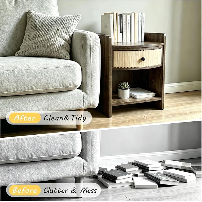Wooden Nightstand with Drawer and Open Storage Shelf, Curved Front Bedside Table - Image 6