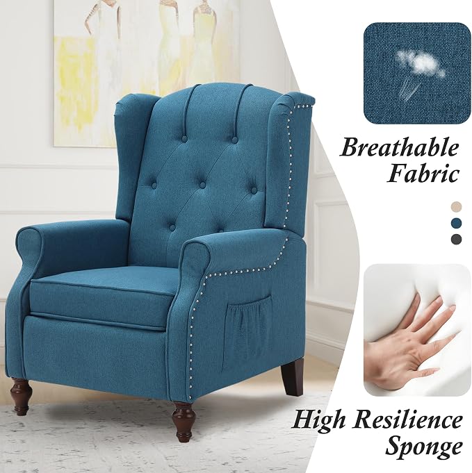 Wingback Recliner with Massage and Heat, Tufted Fabric Push Back Recliner Chair - Image 8