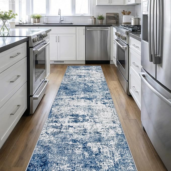 3x14 Washable Runner Rug：Modern Abstract Kitchen Soft Carpet Blue | by FXRHLP