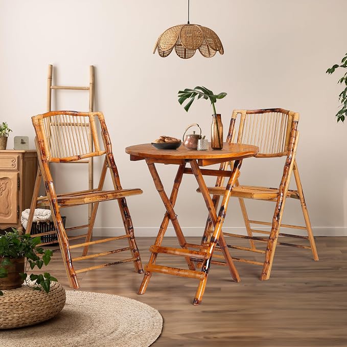 VINGLI Bamboo Folding Chair Table 3 Piece Bistro Set, Foldable Dining Wood - Image 2