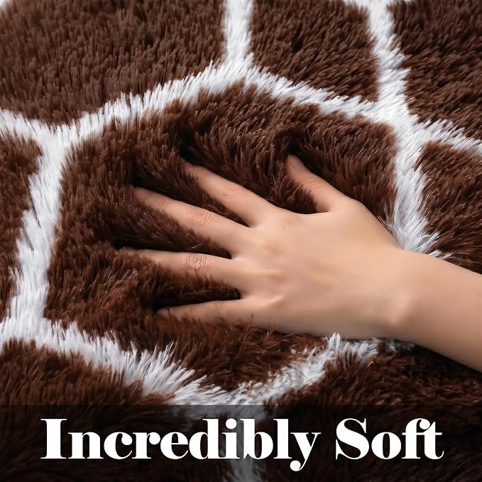 5x7 Area Rugs for Living Room Bedroom, Fluffy Brown and White Geometric Rug | - Image 2