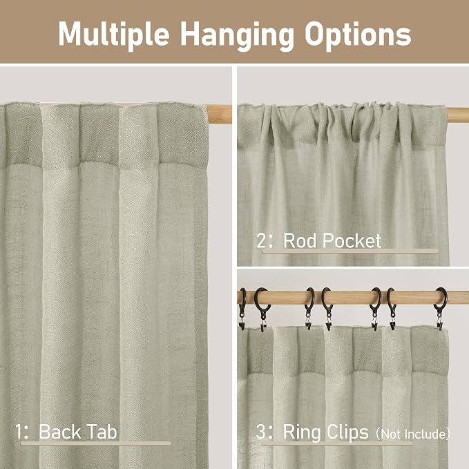 Sage Grey Semi Sheer Linen Curtains 63 Inch - Image 3