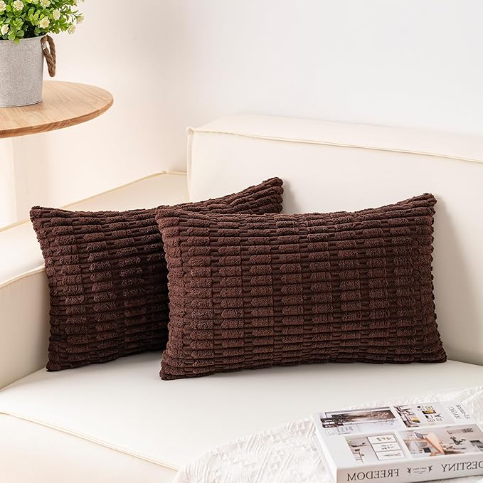 Pack of 2 Corduroy Decorative Throw Pillow Covers 12x24 Inch, Dark Brown | Fall by Unknown