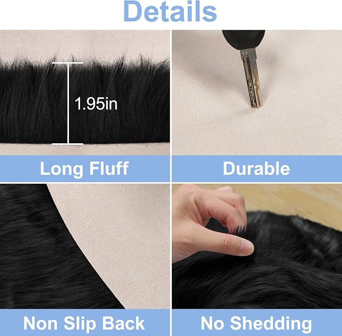 Faux Fur Black Round Rug 4ft for Bedroom, Plush Shaggy Circular Rug for Nursery - Image 5