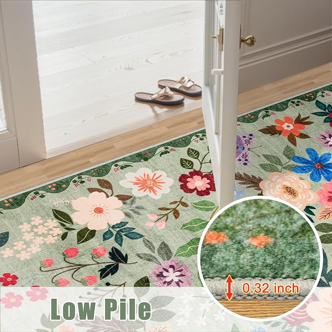 PLHXFR 2x3 Small Entryway Rug: Floral Washable Indoor Soft Carpet Green | - Image 8