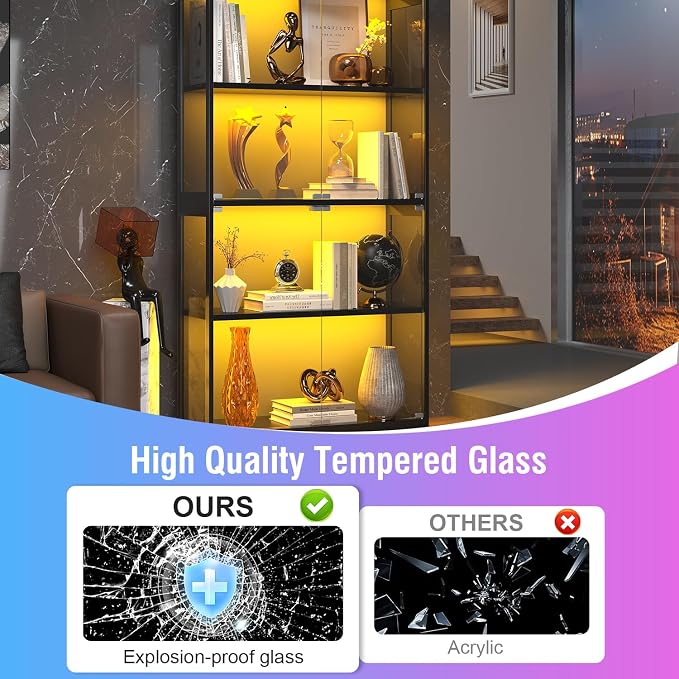 knoworld Display Cabinet with Glass Doors, 4-Tier Glass Display Case with 15mm - Image 3