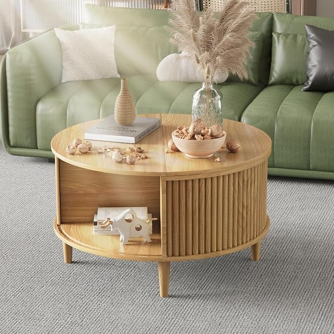 Round Coffee Table with Storage, Fluted Lift Top Coffee Table - Image 7