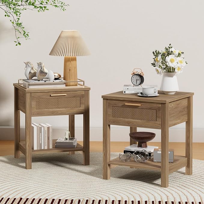 Rattan Nightstand Set of 2, Natural Style Night Stand by MILEFA