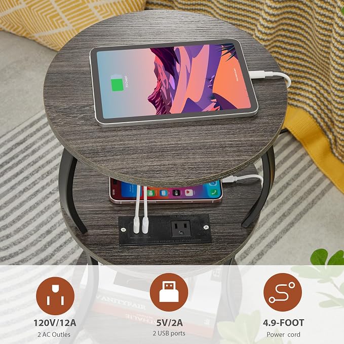 Small Round Side Table with Charging Station, 3-Tier Waist Circular End Table - Image 8