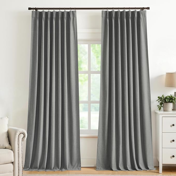 Vision Home Pinch Pleated Dark Grey Blackout Curtains 90 inch Linen Blended by VisionHome