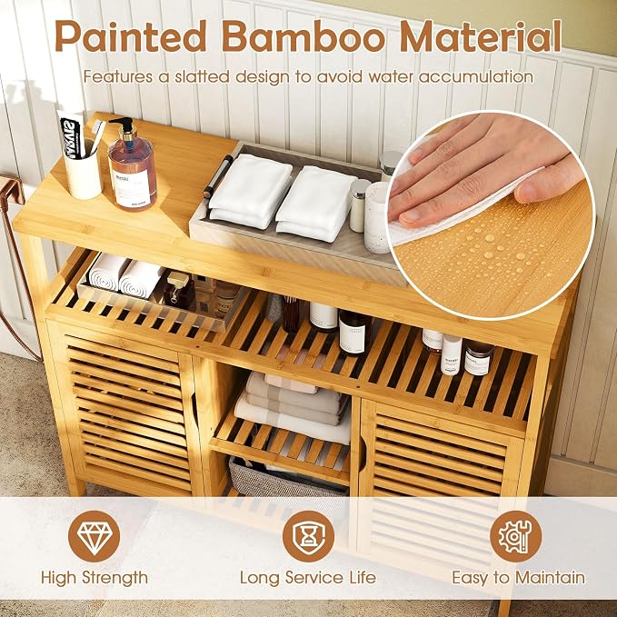 Giantex Bamboo Bathroom Storage Cabinet, 2-Door Storage Organizer - Image 5