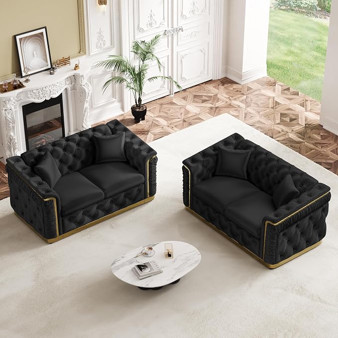 62.2" Luxury Velvet Chesterfield Sofa Tufted Victorian Black and Gold Couch - Image 7