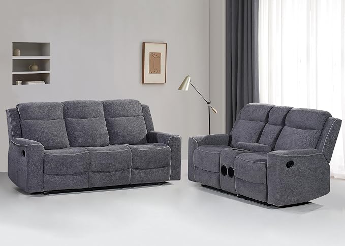 Betsy Furniture Soft Microfiber Manual Reclining Sofa Set, Sofa w/Dropdown Table by BetsyFurniture