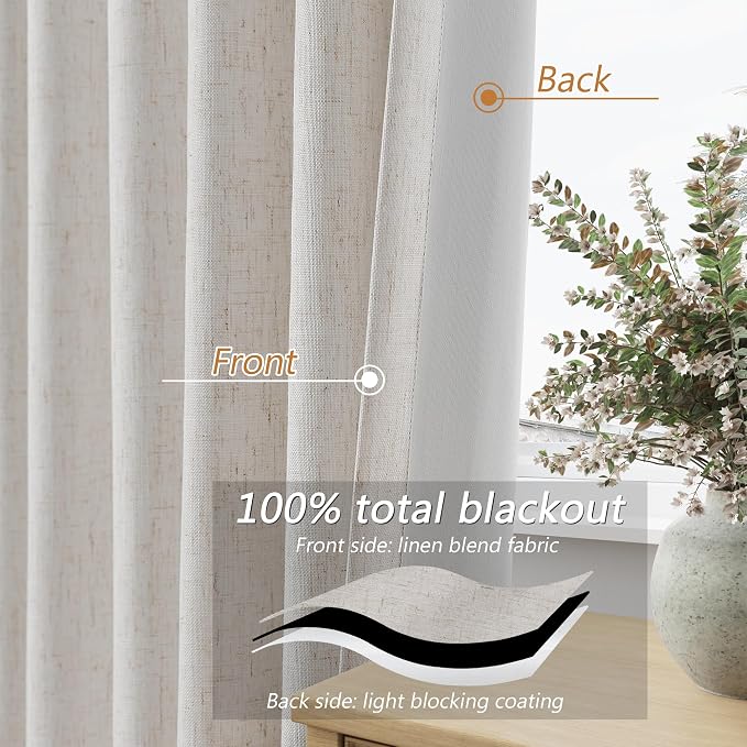 100% Black Out Light Beige Linen Curtains 90 Inch Long - Image 4
