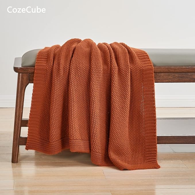 CozeCube Burnt Orange Seed Stitch Throw Blanket 60"x80", Farmhouse Decor | - Image 3