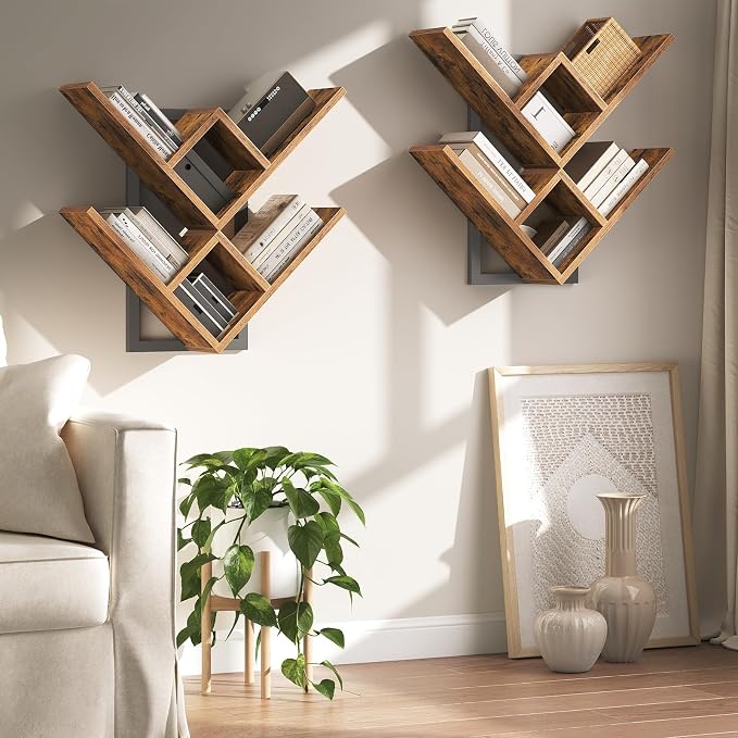 HOOBRO Floating Shelves for Wall, 2-Tier Wooden Tree Bookshelf, Hanging Shelves - Image 3