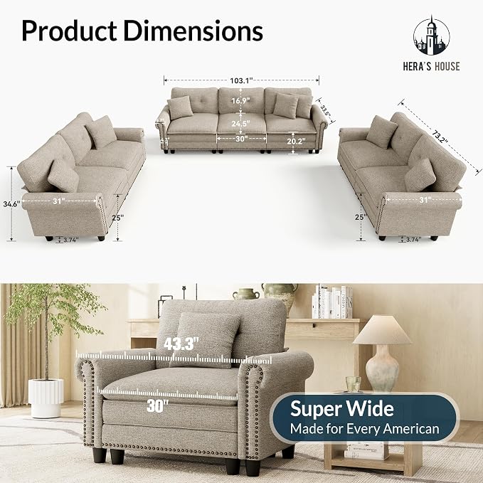 HERA'S HOUSE 3 Pieces Modular Sectional Sofa Sets, Oversized Couch Set - Image 9
