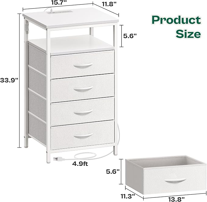 Huuger Night Stand with Charger Station and LED Lights, 4 Drawer Nightstand - Image 3