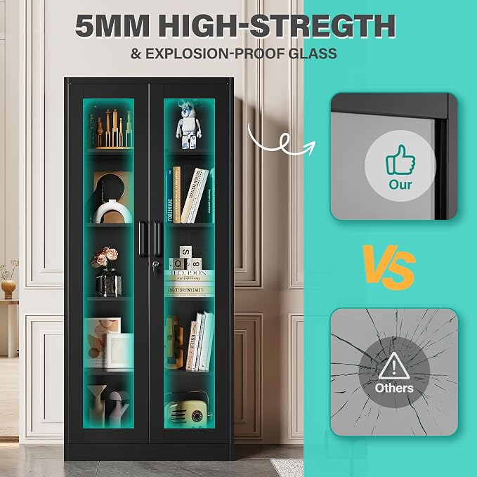 Metal Storage Cabinet with Lock and Glass Doors, Glass Display Cabinet - Image 8