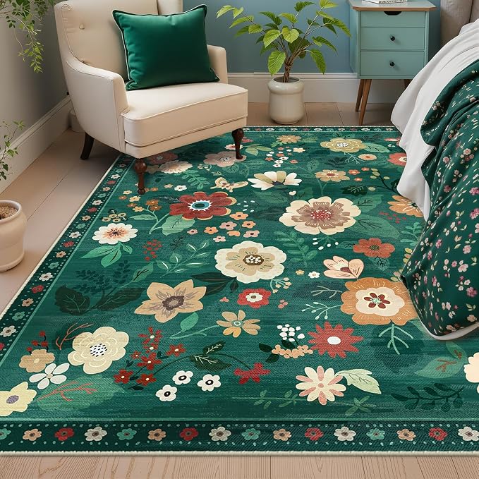 RELEANY Floral Washable 5x7 Area Rugs DarkGreen | Flower Carpet Print Boho Cute - Image 6
