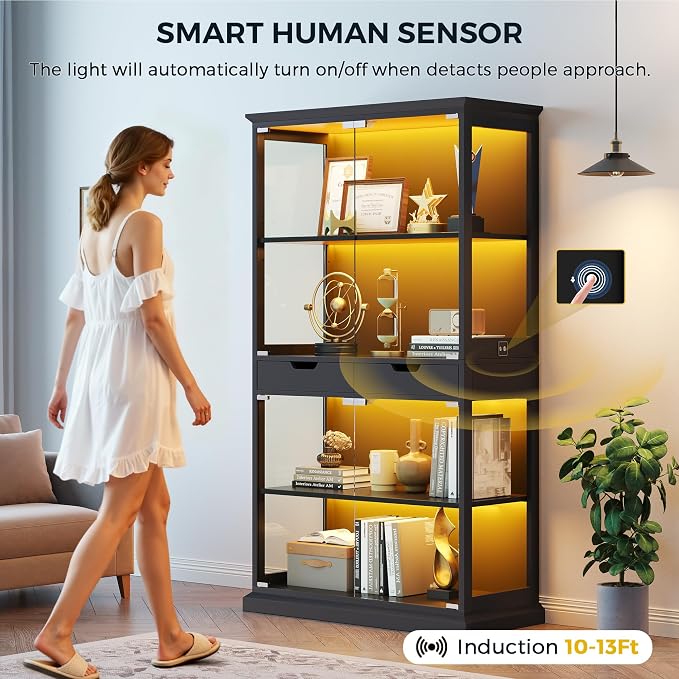 Jocoevol Display Cabinet with Glass Doors, 4-Tier Glass Display Case with Human - Image 4