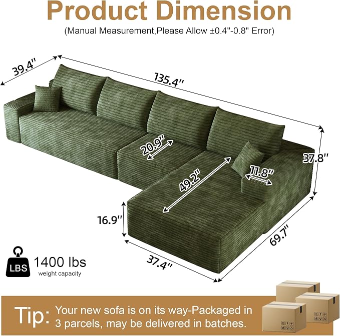 136" Sectional Couches for Living Room Cloud Couch Sofa - Image 2