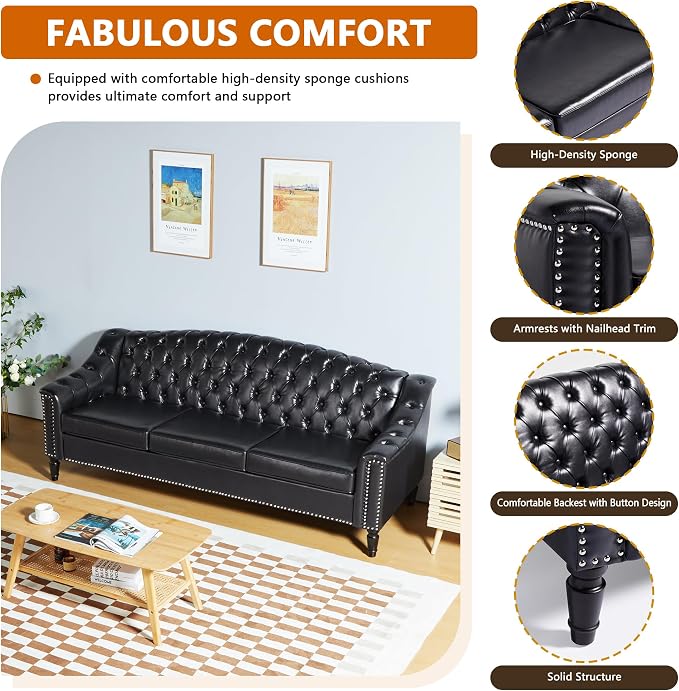 LEVNARY Mid-Century Modern Leather Couch, Chesterfield Sofa Sleeper Settee - Image 3
