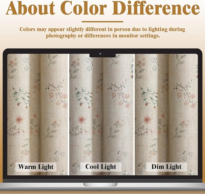 Boho Floral 100% Blackout Curtains 72 Inch 2 Panels Linen Texture | Farmhouse - Image 5