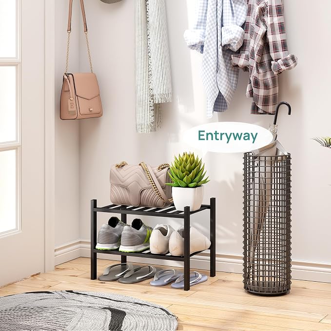 viewcare Black Small Shoe Rack for Entryway, 2-Tier Bamboo Shoe Organizer for - Image 2