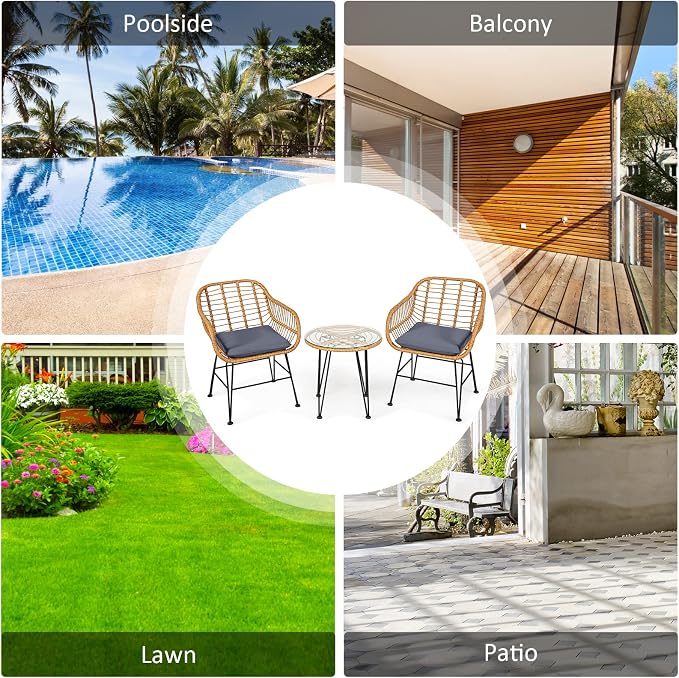 Tangkula 3 Pieces Patio Bistro Set, Rattan Conversation Set - Image 9