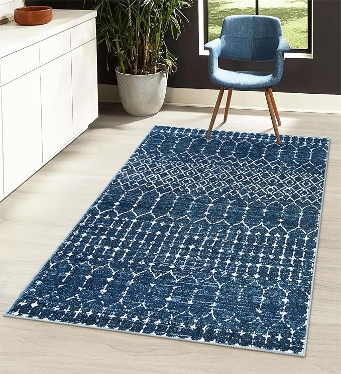 Lahome Moroccan Blue 3x5 Non-Slip Washable Soft Rug by Lahome