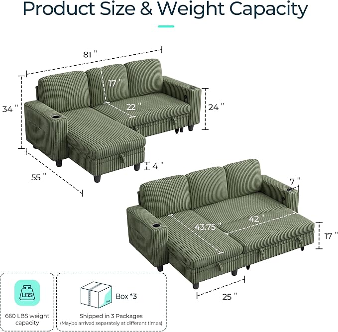 LINSY HOME Sectional Sleeper Sofa Pull Out Couches - Image 2