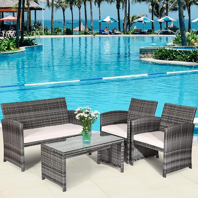Tangkula 4 PCS Wicker Patio Conversation Set, Outdoor Rattan Sofas - Image 8