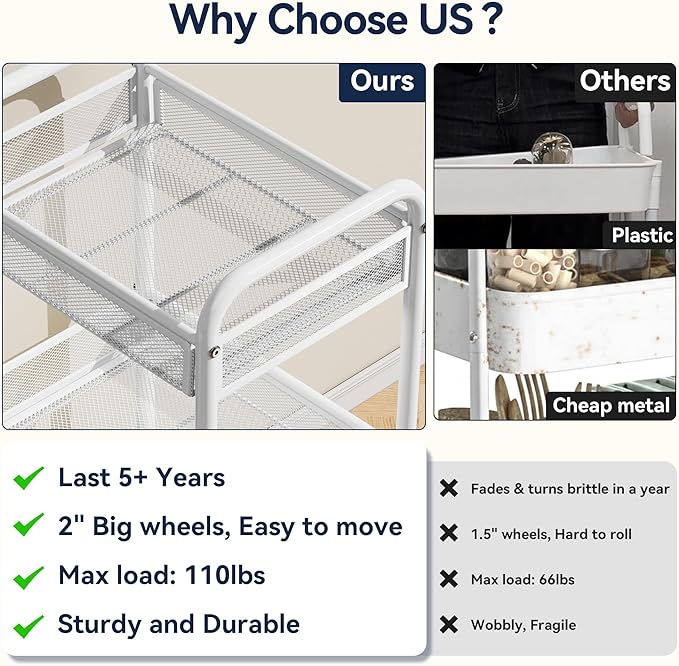 YASONIC 3 Tier Rolling Cart – Metal Utility Storage Carts - Image 3