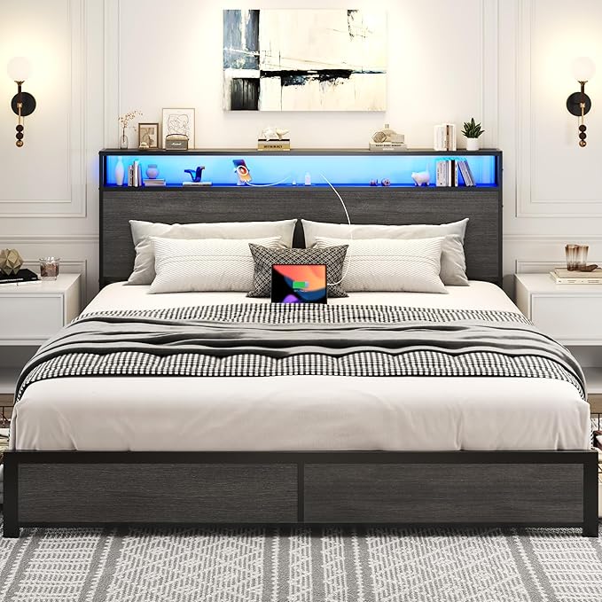 Lifezone King Bed Frame with 2-Tier Storage Headboard, Metal Platform Bed Frame - Image 5