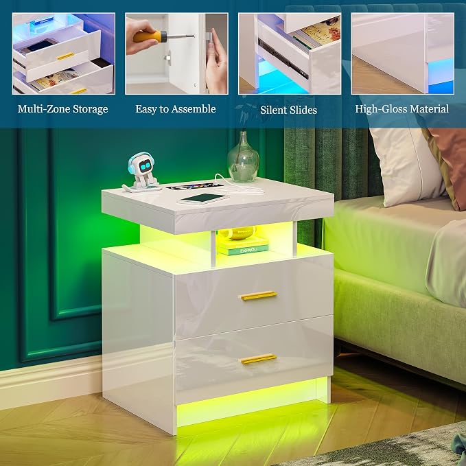 WOOVIVS Night Stand with Light, High Gloss Nightstand with USB/Wireless - Image 4