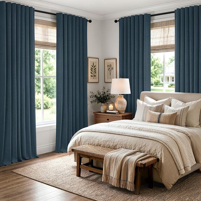MIULEE 100% Blackout Linen Curtains 42 x 96 Inch Navy Blue 2 Panels | Thermal - Image 8