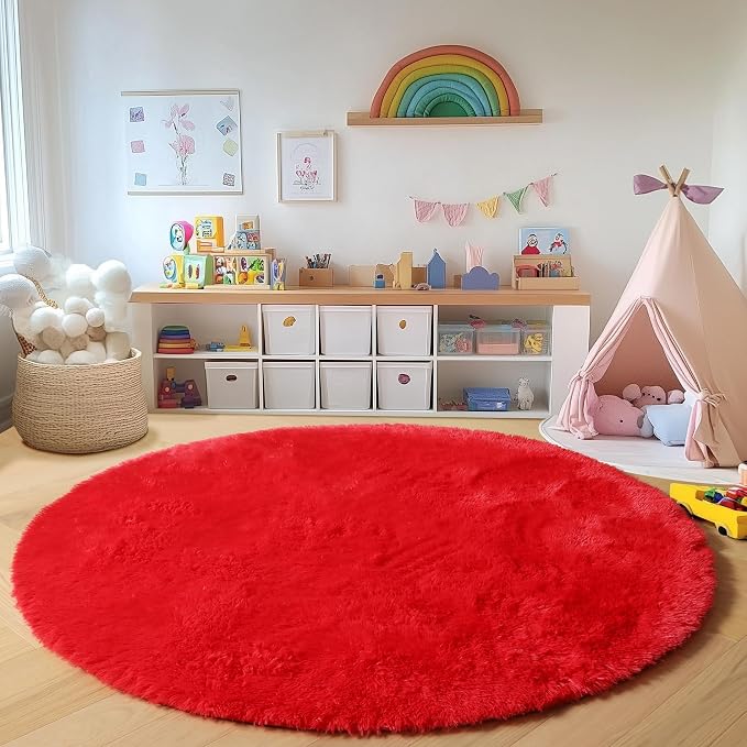 Red Round Area Rug 4ft, Soft Bedroom Circle Rugs Floor Mat - Image 6