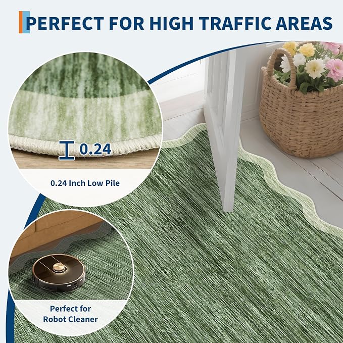 GarveeHome Scalloped Washable Runner Rug 2x6 Runner Abstract Modern Green | - Image 6
