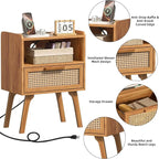 Lerliuo Rattan Nightstand with Charging Station, Side Table with Drawer - Image 9