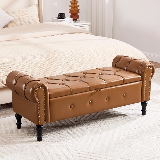 Storage Bench for Bedroom, Faux Leather 51" End of Bed Bench, Queen Size Bench by HOMYKA
