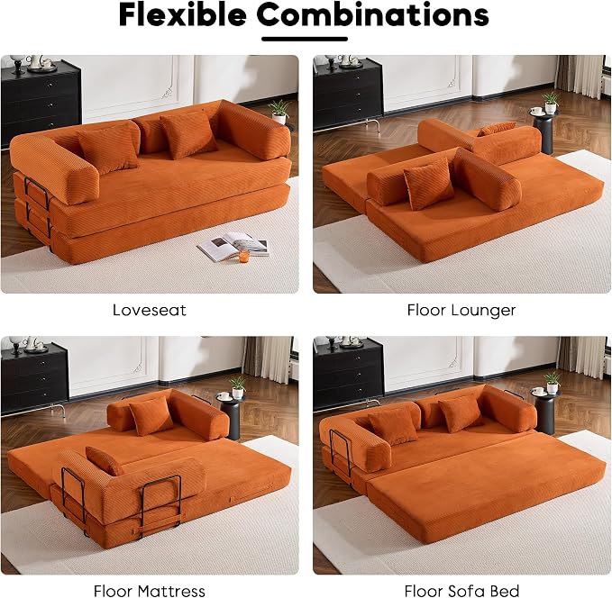 ZEIINPA Convertible Folding Couch Bed, Comfy Corduroy Sleeper Floor Sofa Bed - Image 5