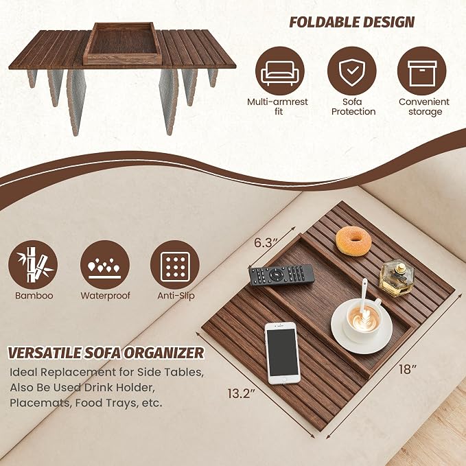 GEHE Bamboo Sofa Arm Tray, Foldable Couch Arm Tray Side Table, Anti-Falling - Image 2